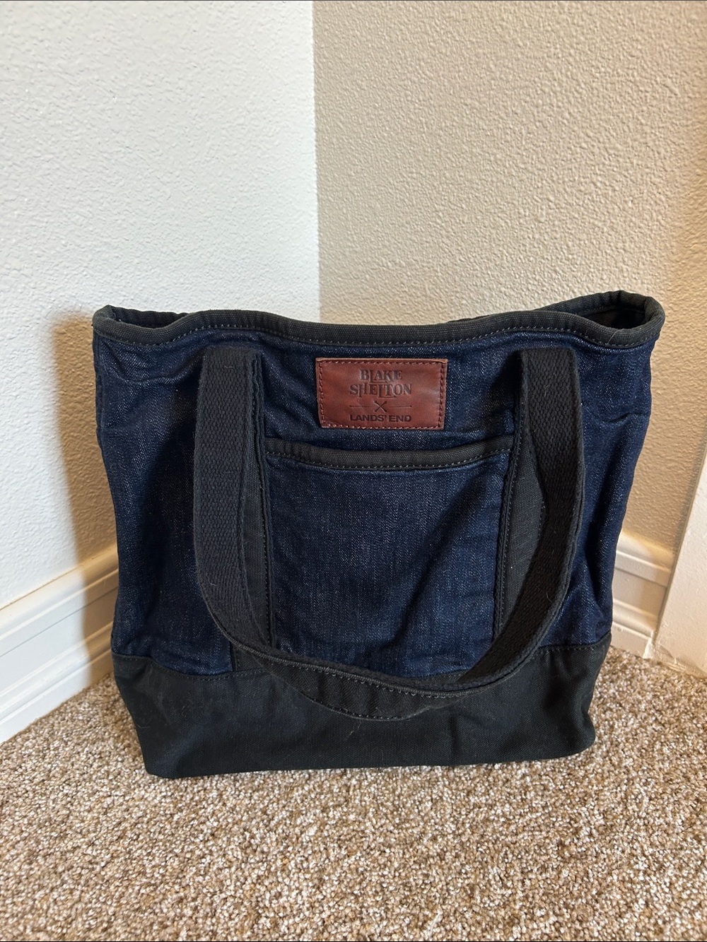 Lands' End Dark Blue Denim and Black Canvas Messenger Tote
